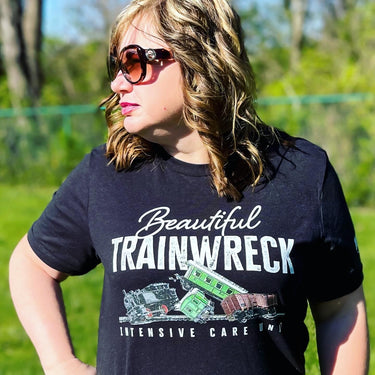 Beautiful trainwreck ICU t-shirt for nurses and healthcare workers. Full kode logo