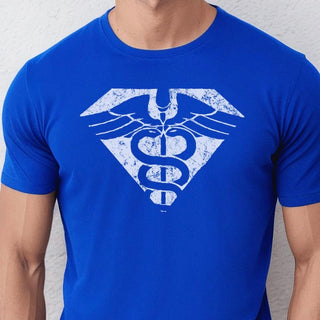 Male healthcare worker wearing blue t-shirt with super hero medical emblem on front.