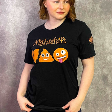 Model wearing black night shift nurse shirt with bat shit crazy emojis on the front.