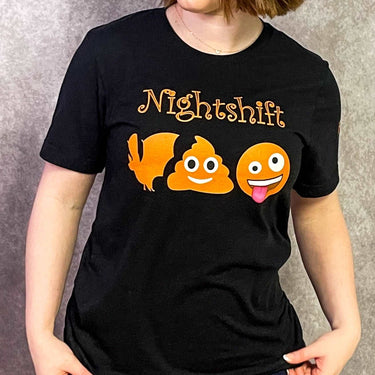 Model wearing black nurse tee with nightshift written on the front and bat shit crazy emojis.