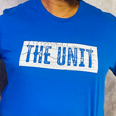 Male healthcare worker wearing blue ICU T-shirt for critical care healthcare professionals.