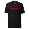 Black ER shirt in red letters written Emergency Dpt on front in front of white background.