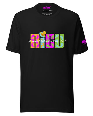 A black NICU tee with pacifier and NICU designed on the front. 