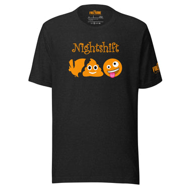 Black night shift healthcare worker tee with bat shit crazy emojis on the front.