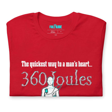 Red healthcare tee that says the quickest way to a man's heart is 360 joules.