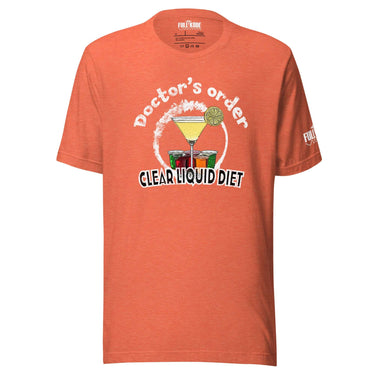 Orange clear liquid diet alcohol drinking shirt for nurses and healthcare workers in front of white background